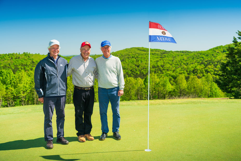 From left, Bill Coore, Johnny Morris and Ben Crenshaw pose at Ozarks National.